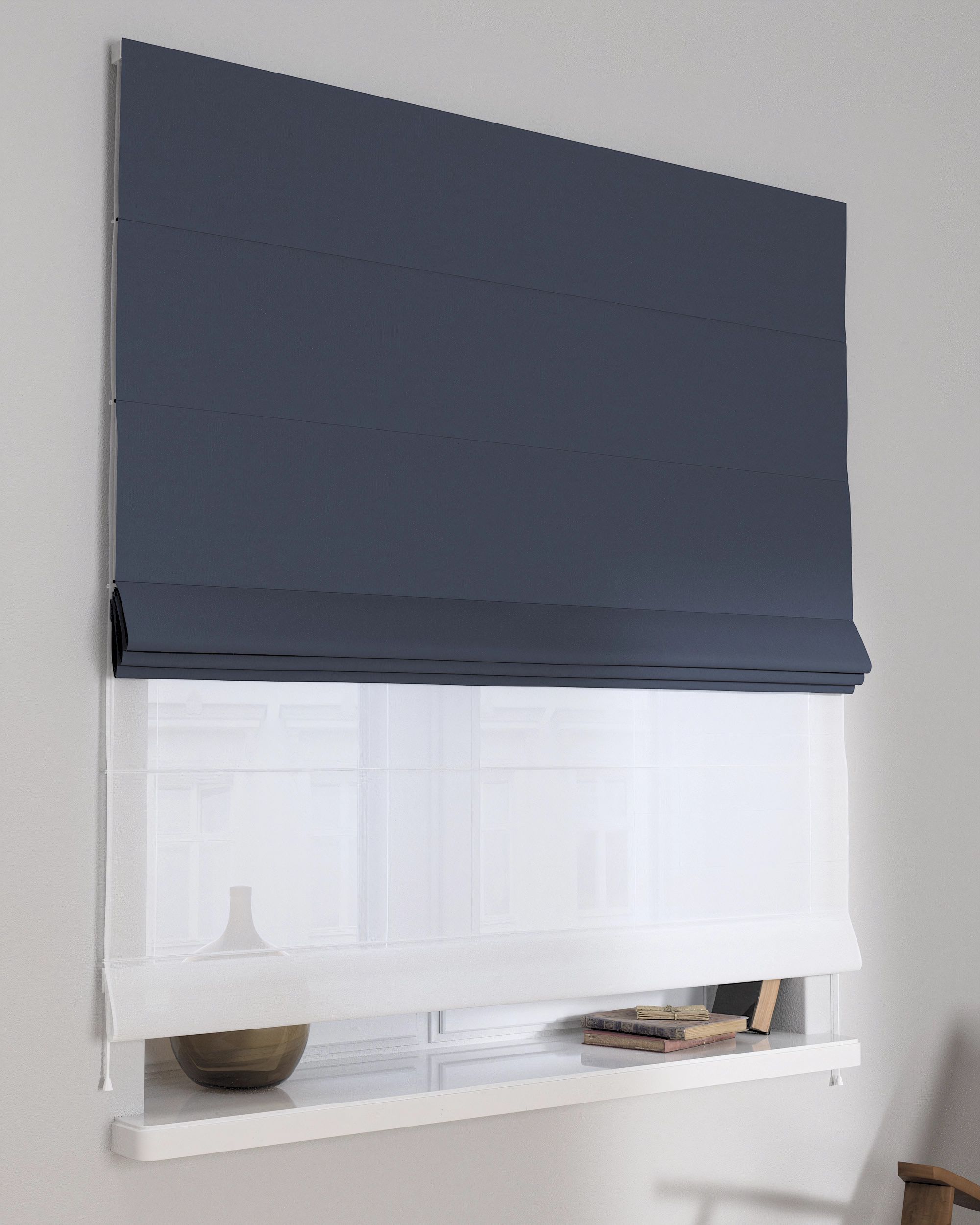 Double layered Roman blind DUO colour navy blue fabric blackout