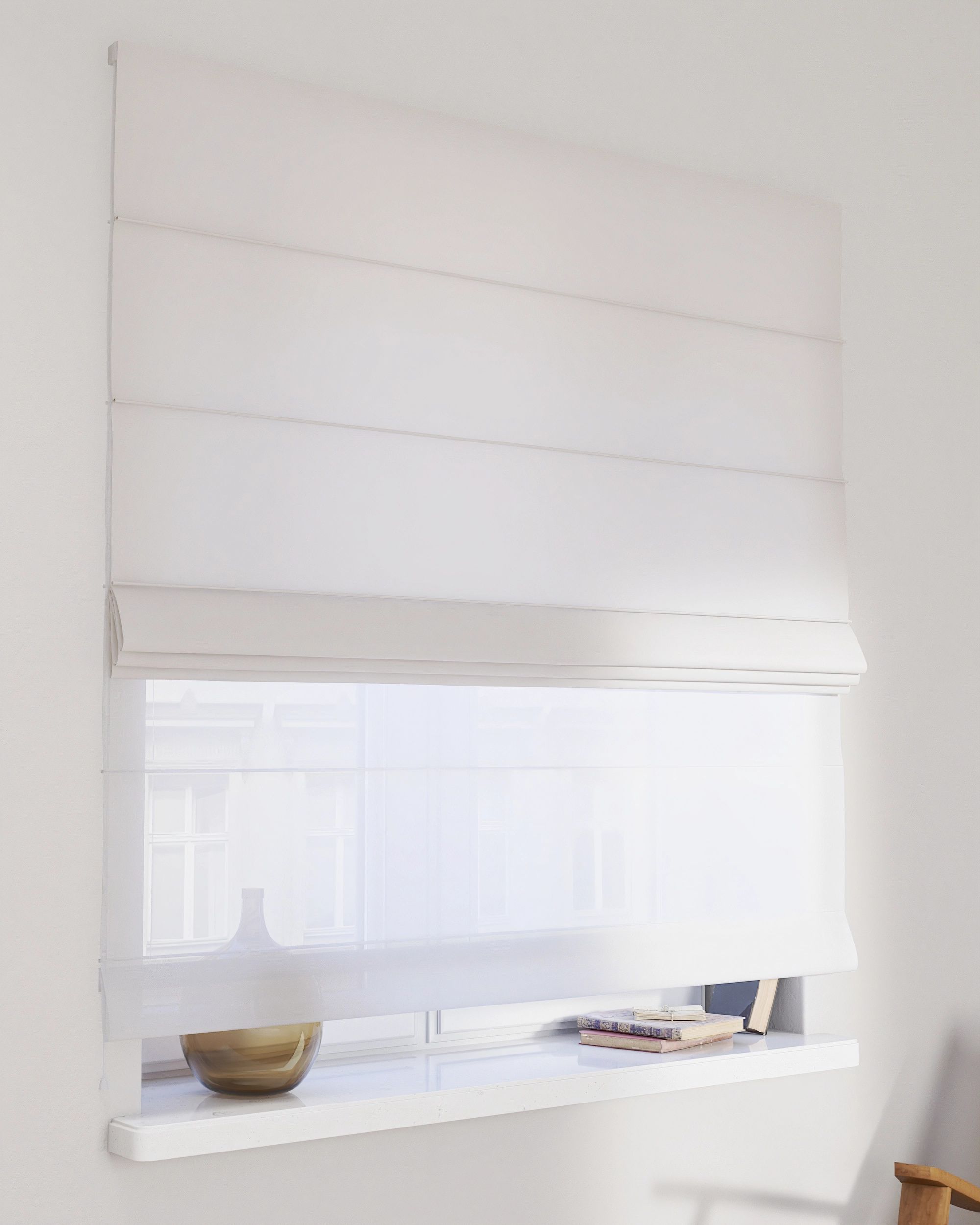 Double layered Roman blind DUO colour white fabric semi-sheer, structured