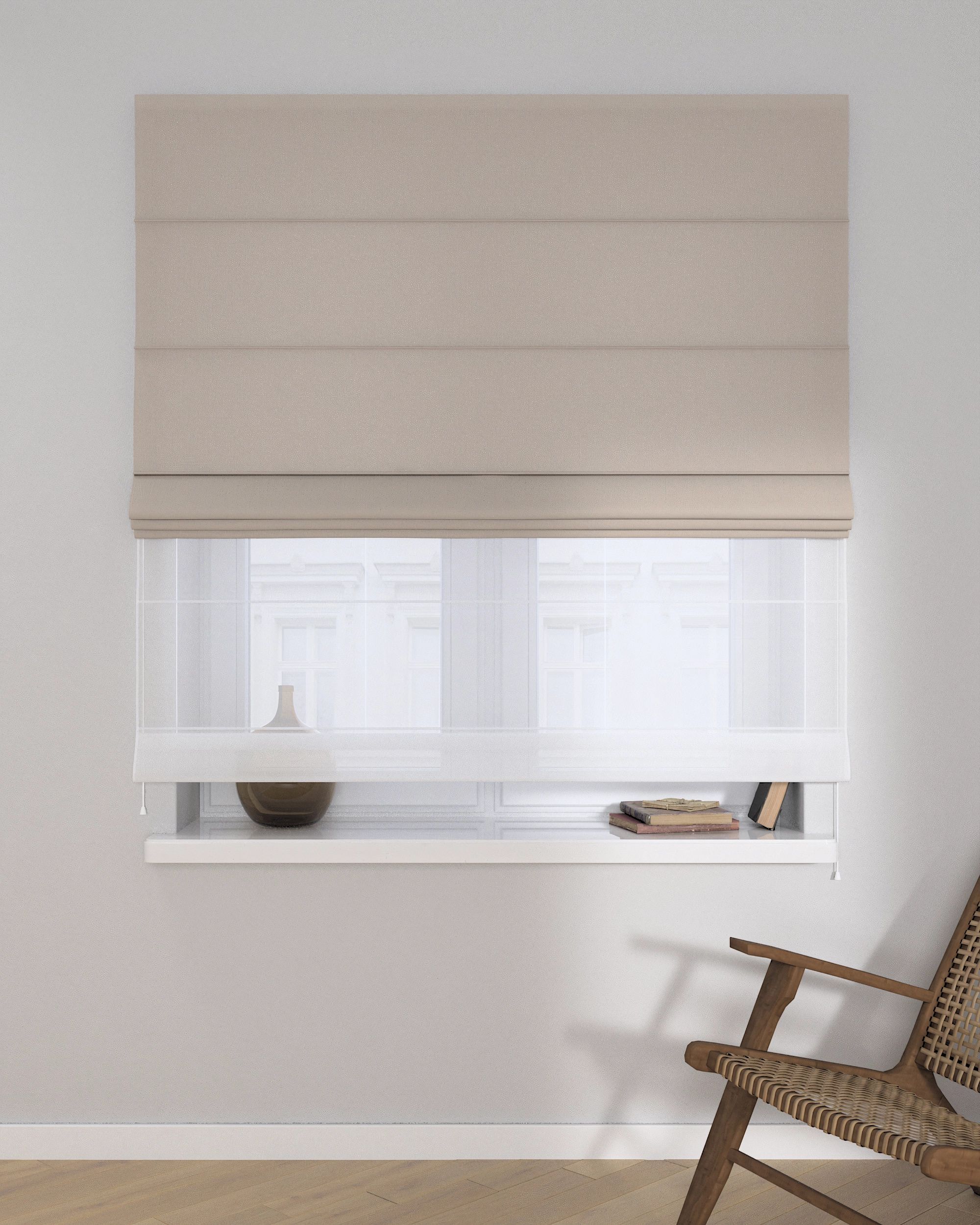 Double layered Roman blind DUO colour beige fabric semi-sheer, structured