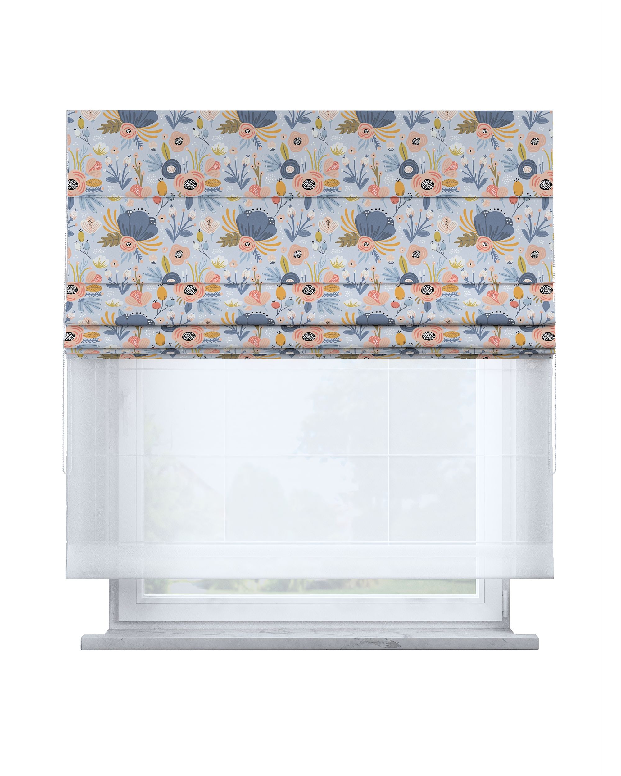 Double layered Roman blind DUO colour blue fabric patterned