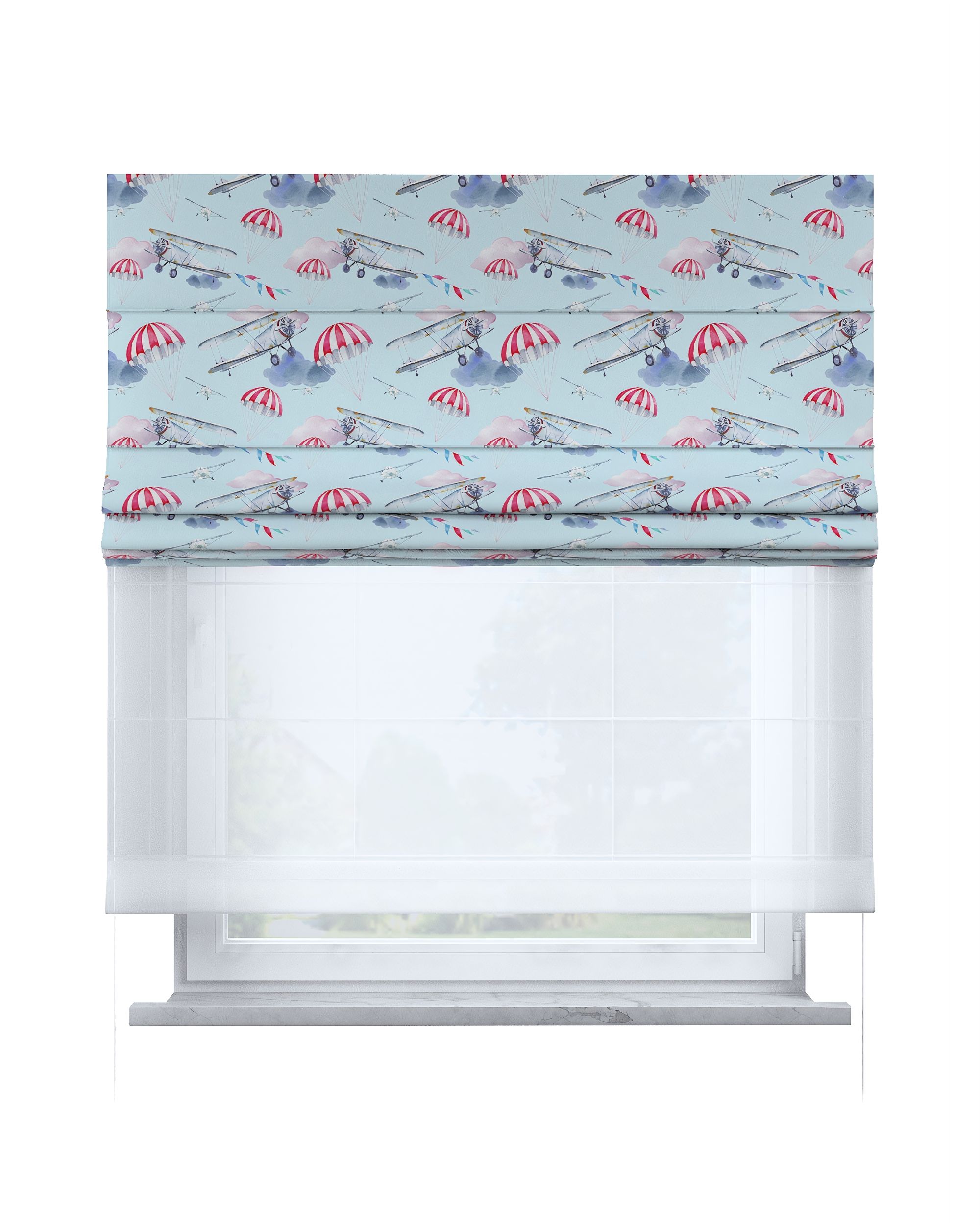Double layered Roman blind DUO colour blue fabric patterned