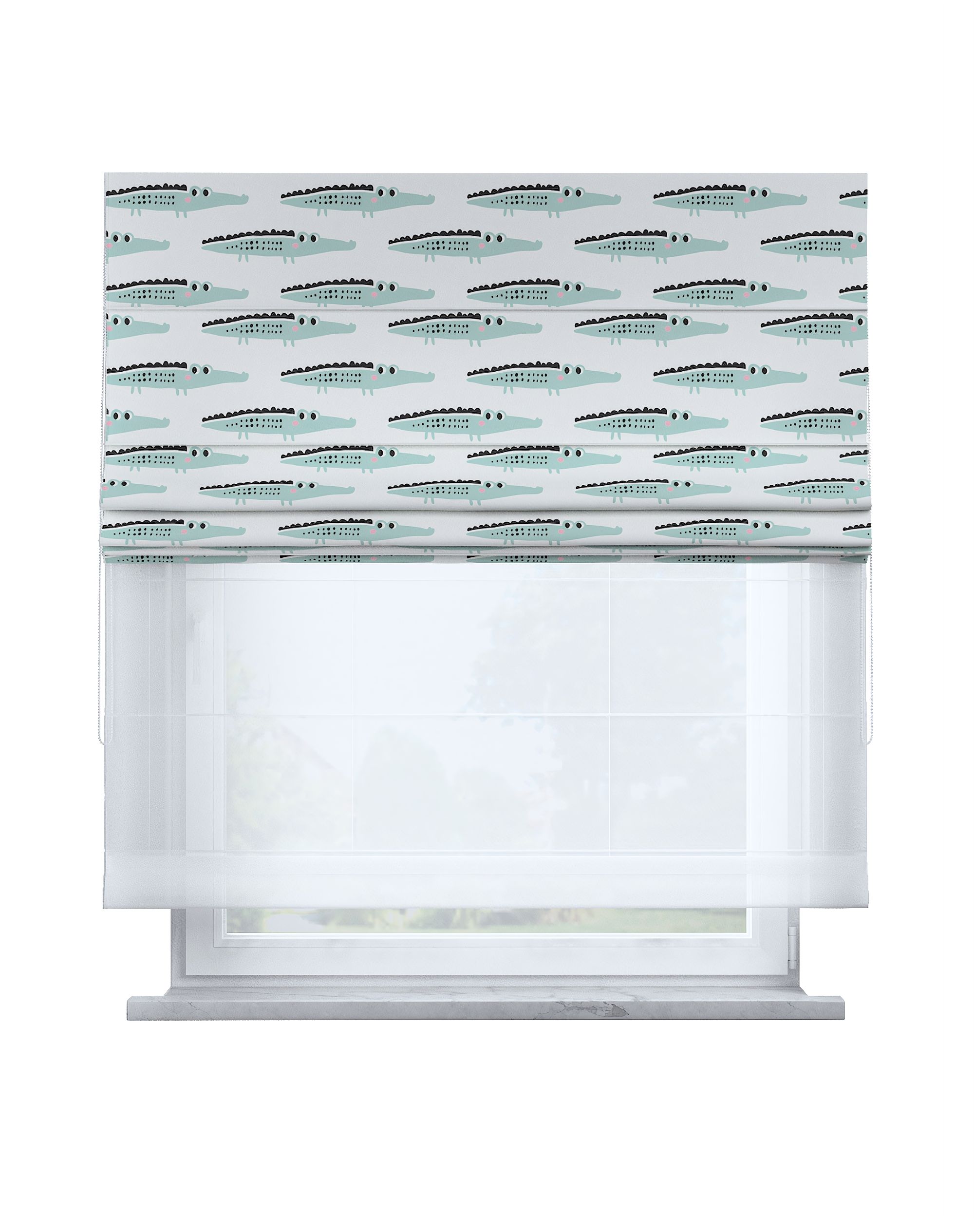 Double layered Roman blind DUO colour green fabric patterned