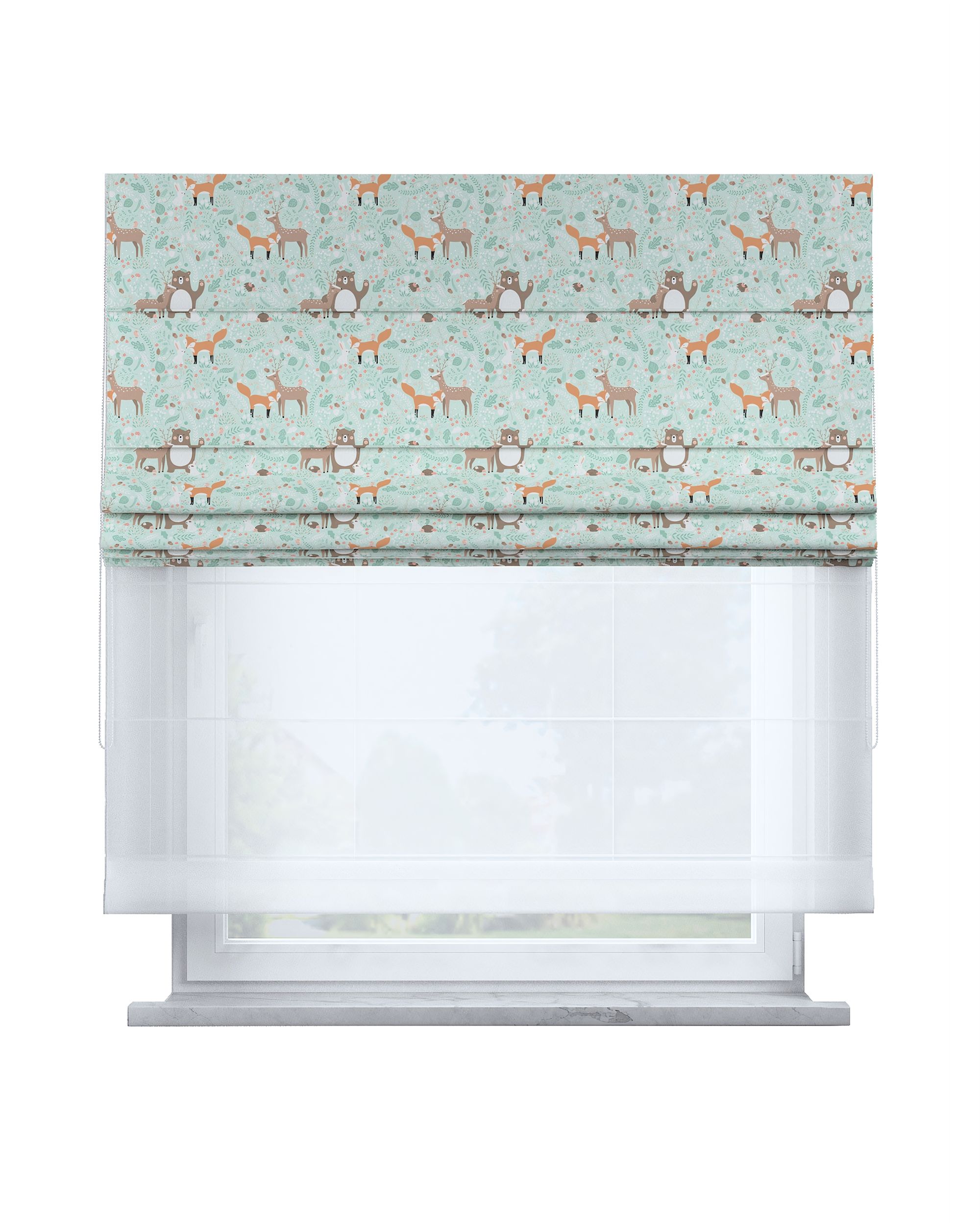 Double layered Roman blind DUO colour green fabric patterned