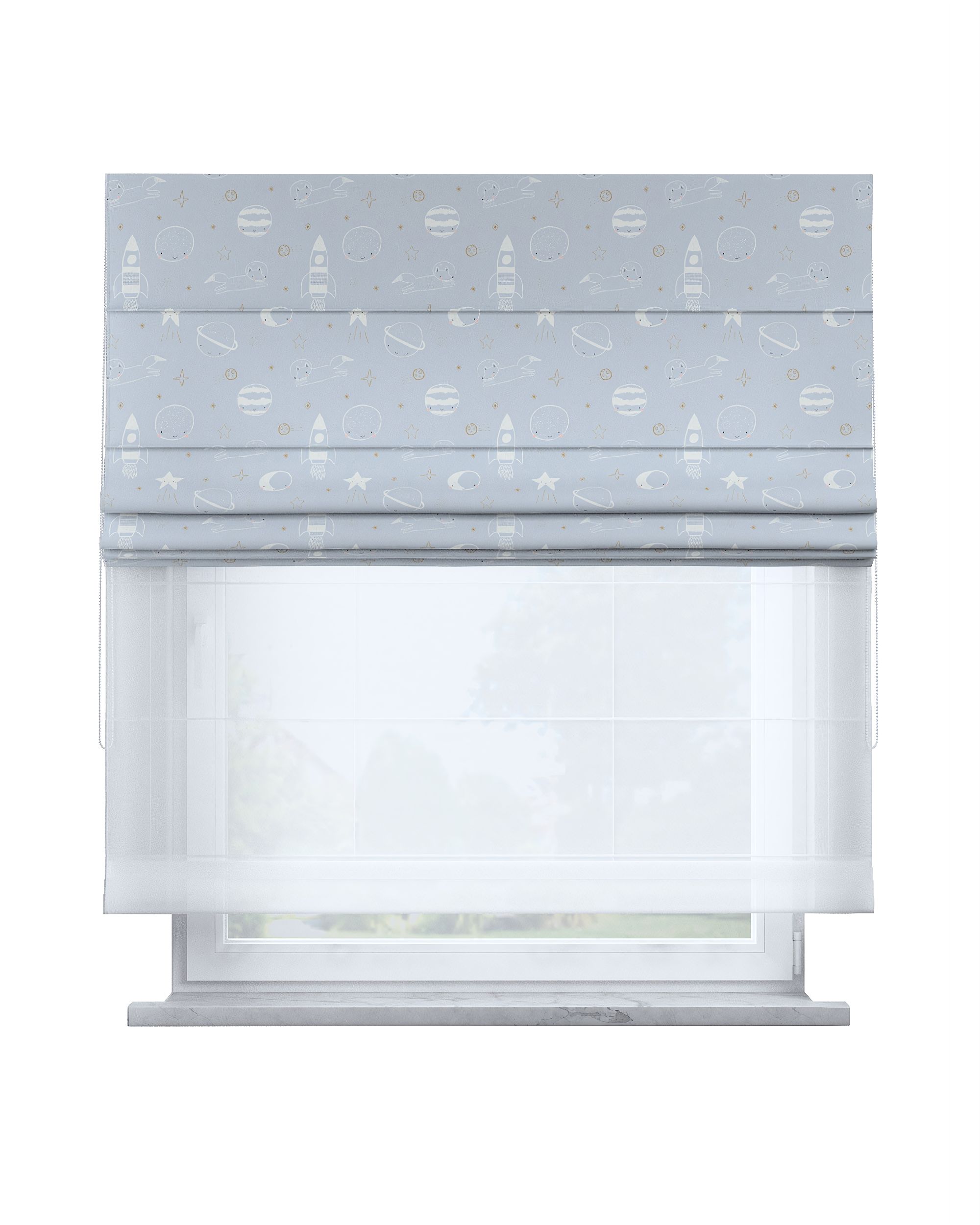 Double layered Roman blind DUO colour blue fabric patterned