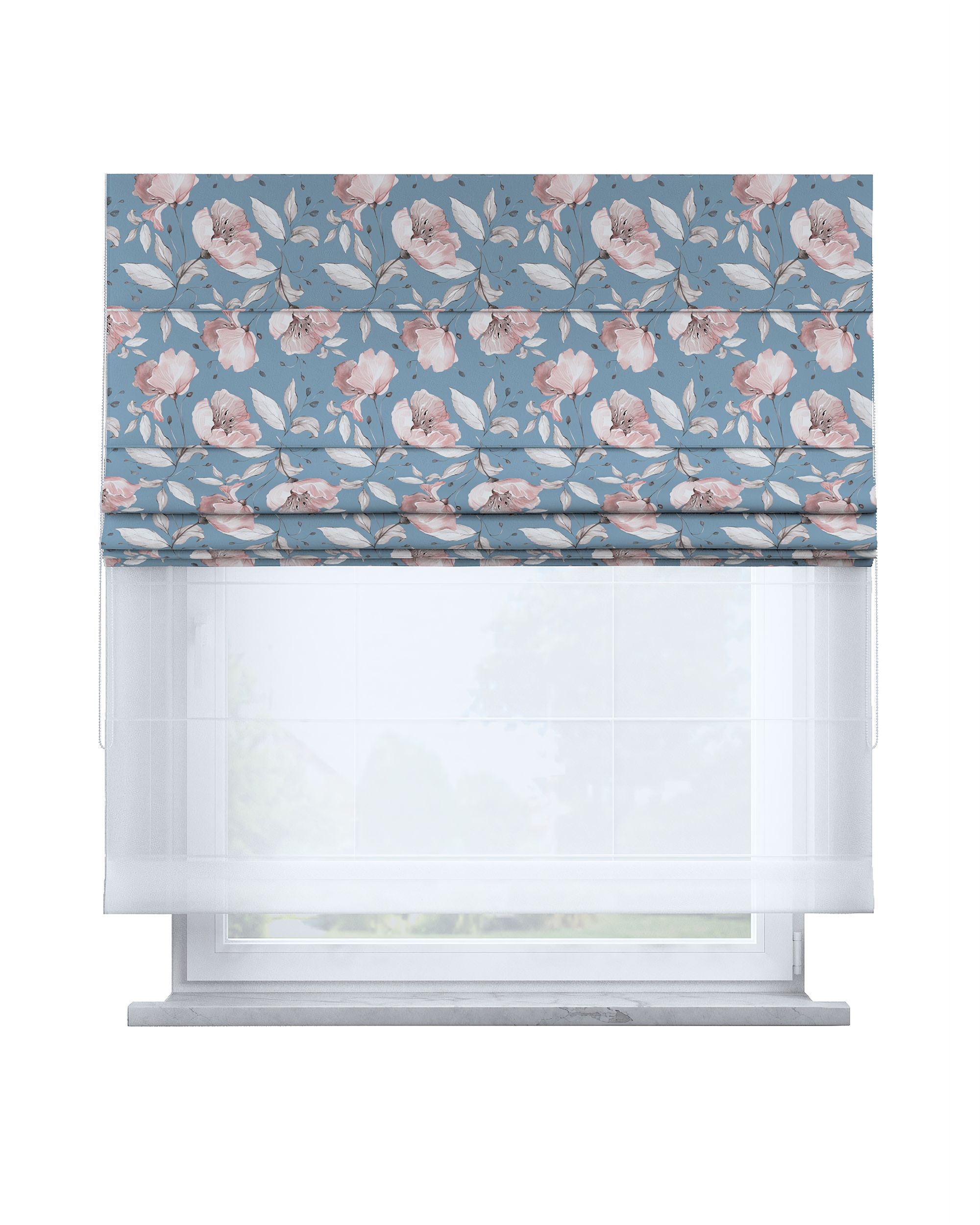 Double layered Roman blind DUO colour blue fabric patterned