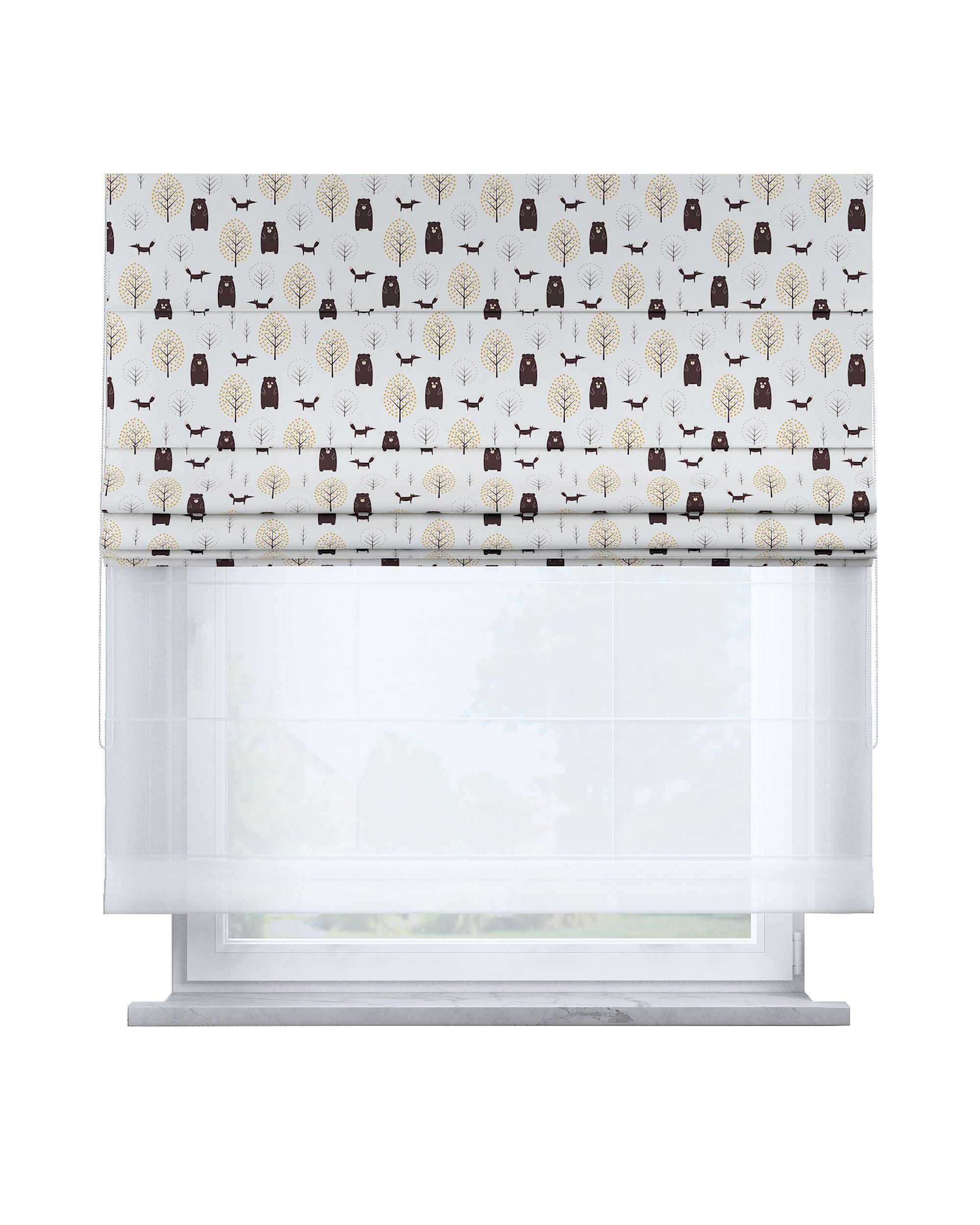 Double layered Roman blind DUO colour brown fabric patterned