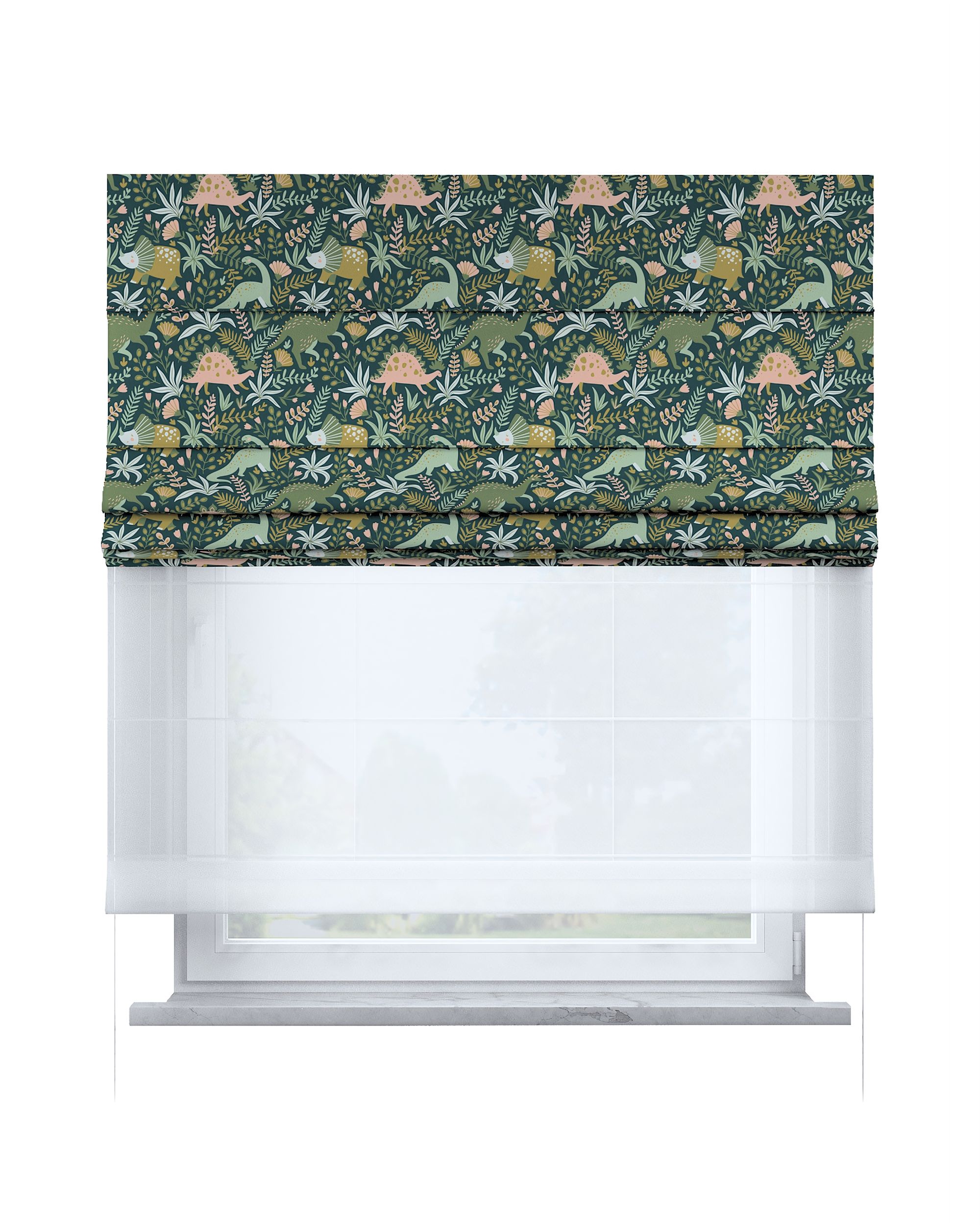 Double layered Roman blind DUO colour green fabric patterned