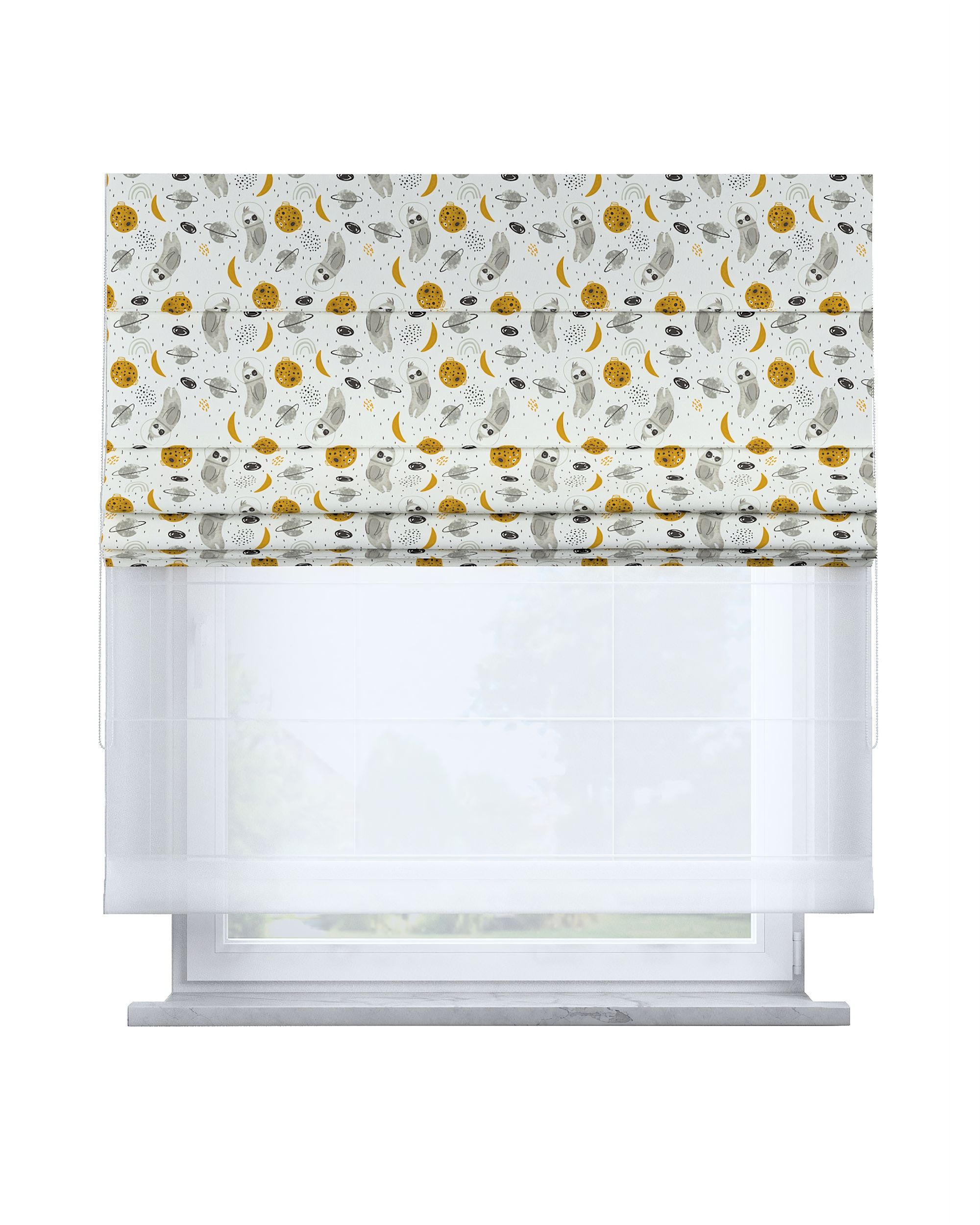 Double layered Roman blind DUO colour white fabric patterned