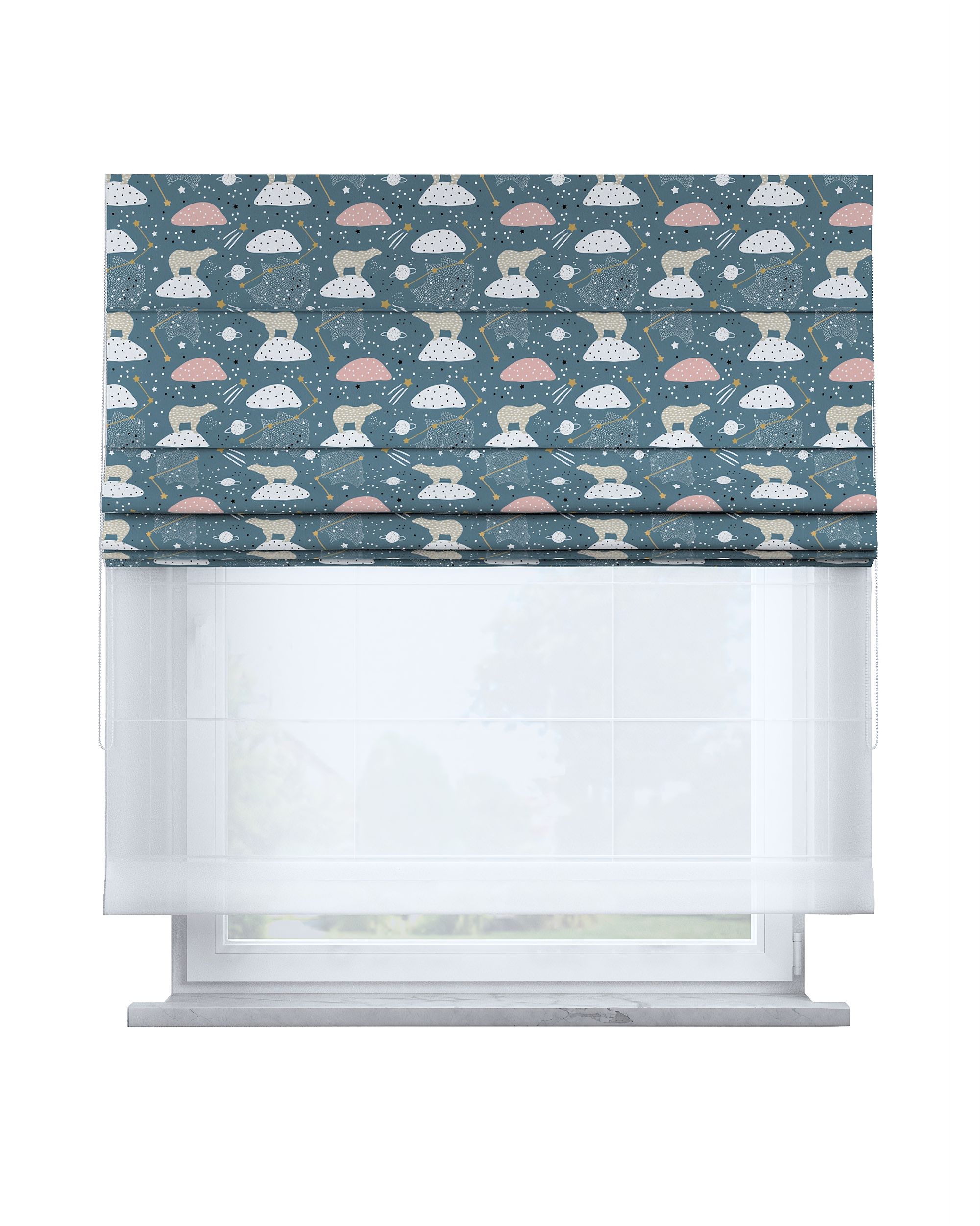 Double layered Roman blind DUO colour blue fabric patterned