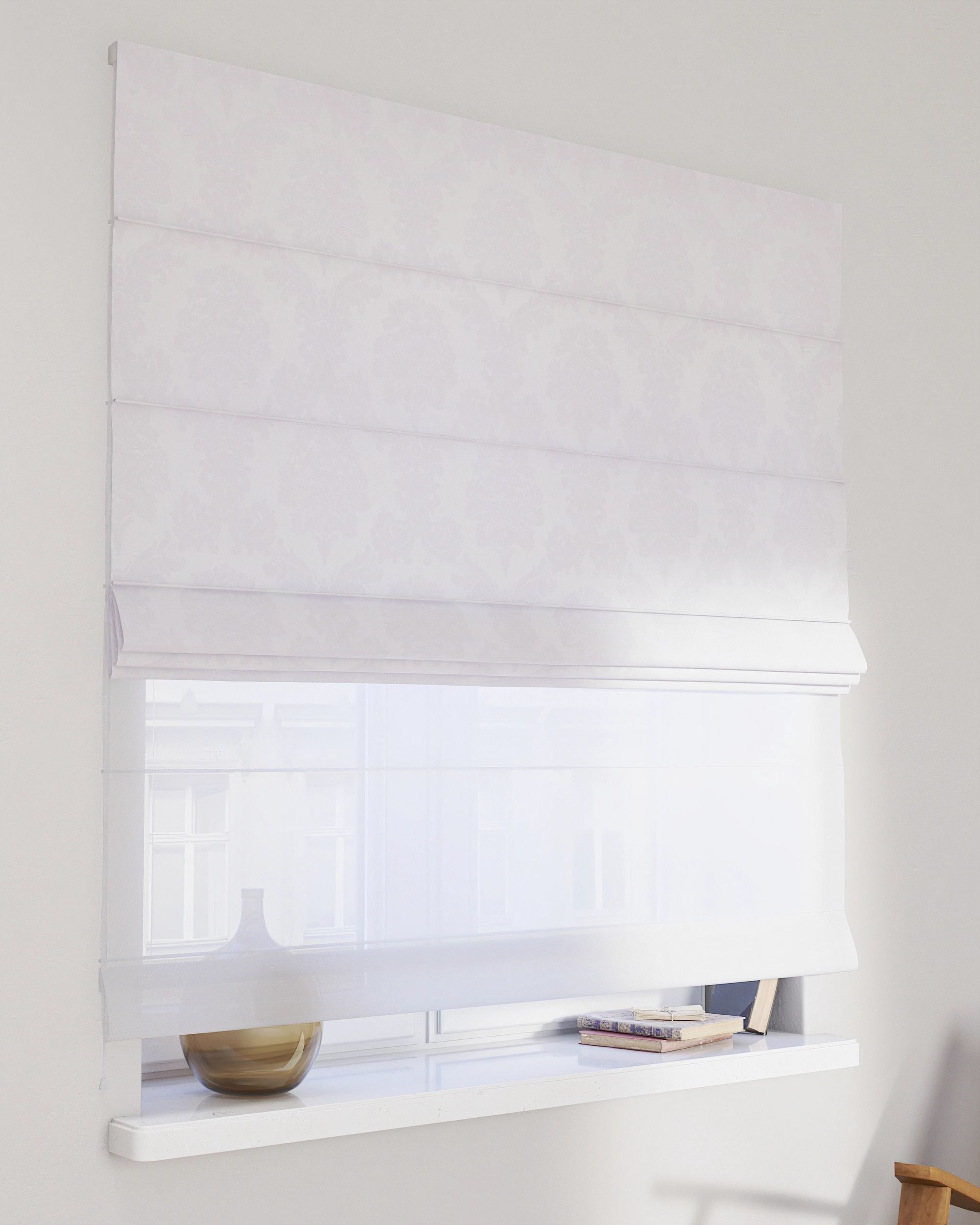 Double layered Roman blind DUO colour white fabric gloss, structured, patterned