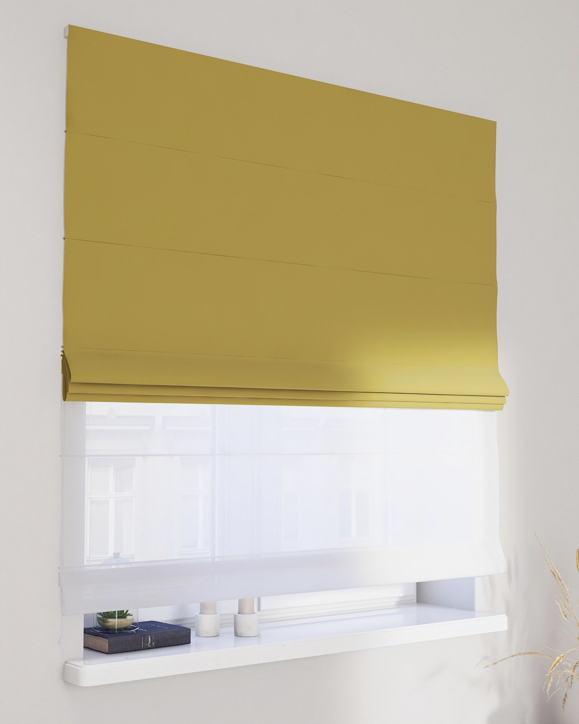 Double layered Roman blind DUO colour green fabric gloss, velvet