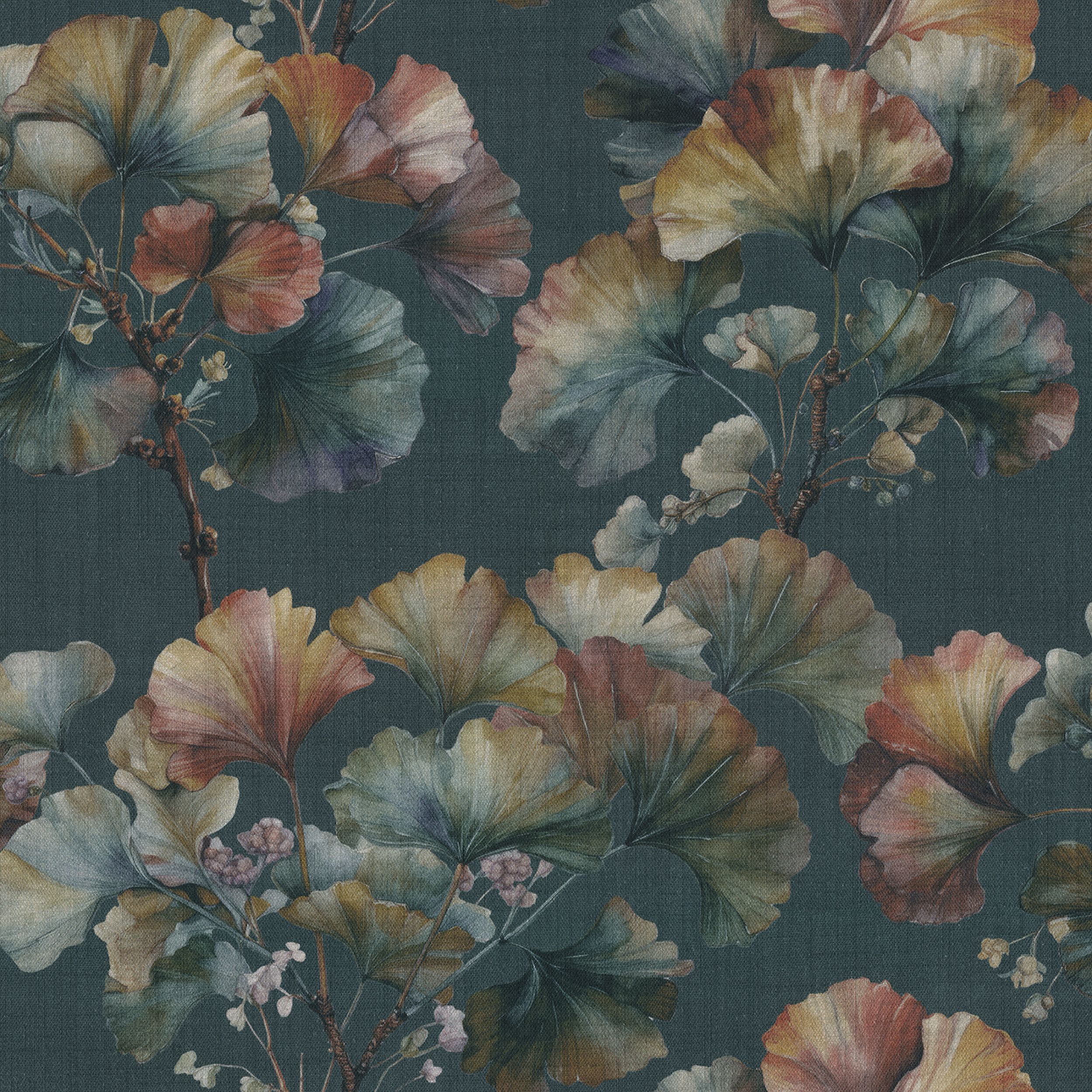 Botanic Viscose 145-24 ginkgo leaves on a navy background